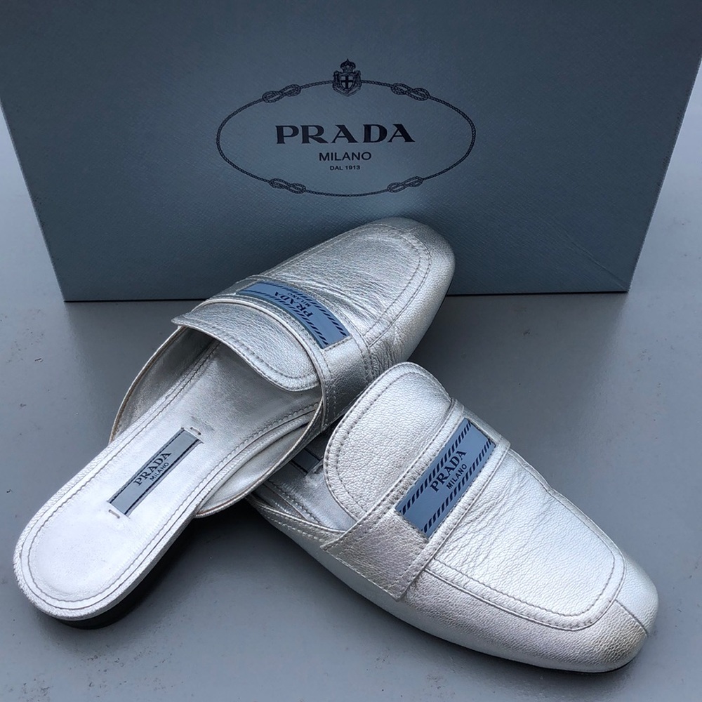Prada silver leather mules